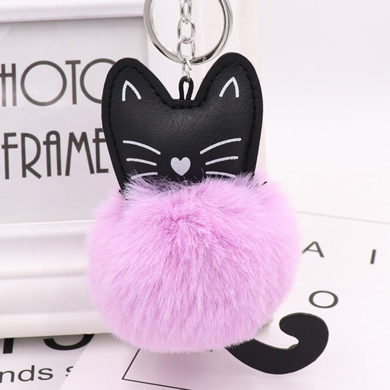 Cute Black Kitten Keychain with Rabbit Hairball Pendant