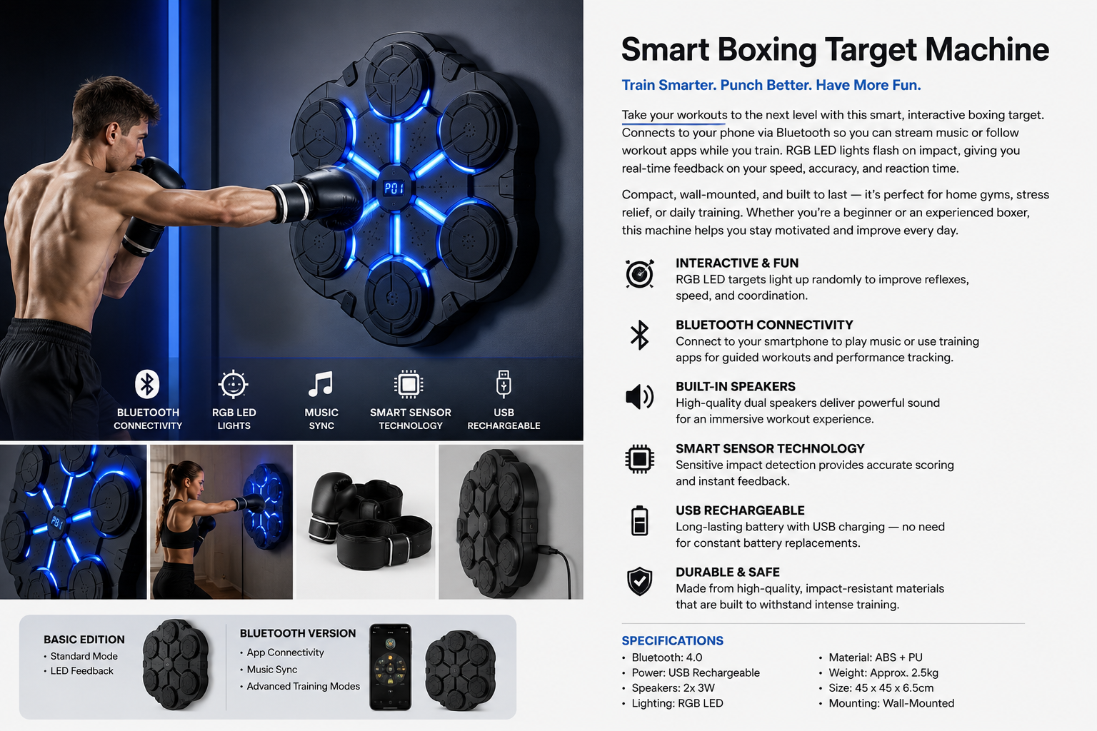 Wall-Mounted Music Boxing Trainer with LED Punch Targets
