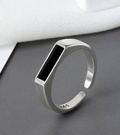 Minimalist Black Bar Adjustable Ring – Silver-Tone Finish