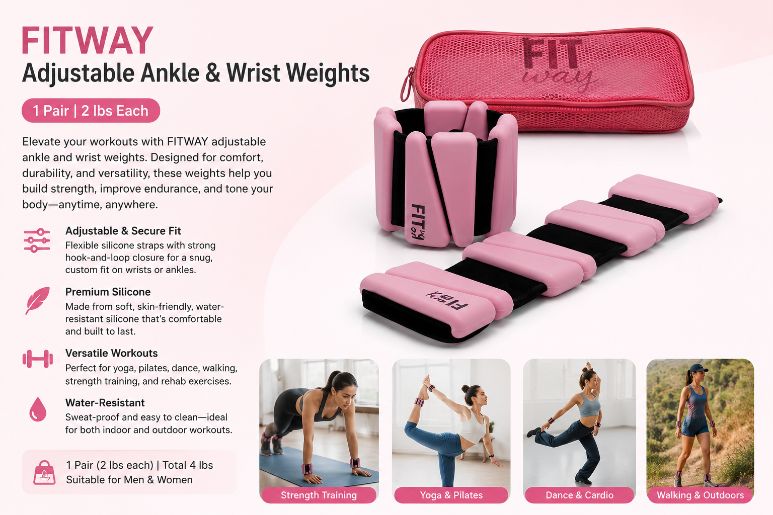 FITWAY Adjustable Silicone Wrist & Ankle Weights – Pink – 2 lb Pair