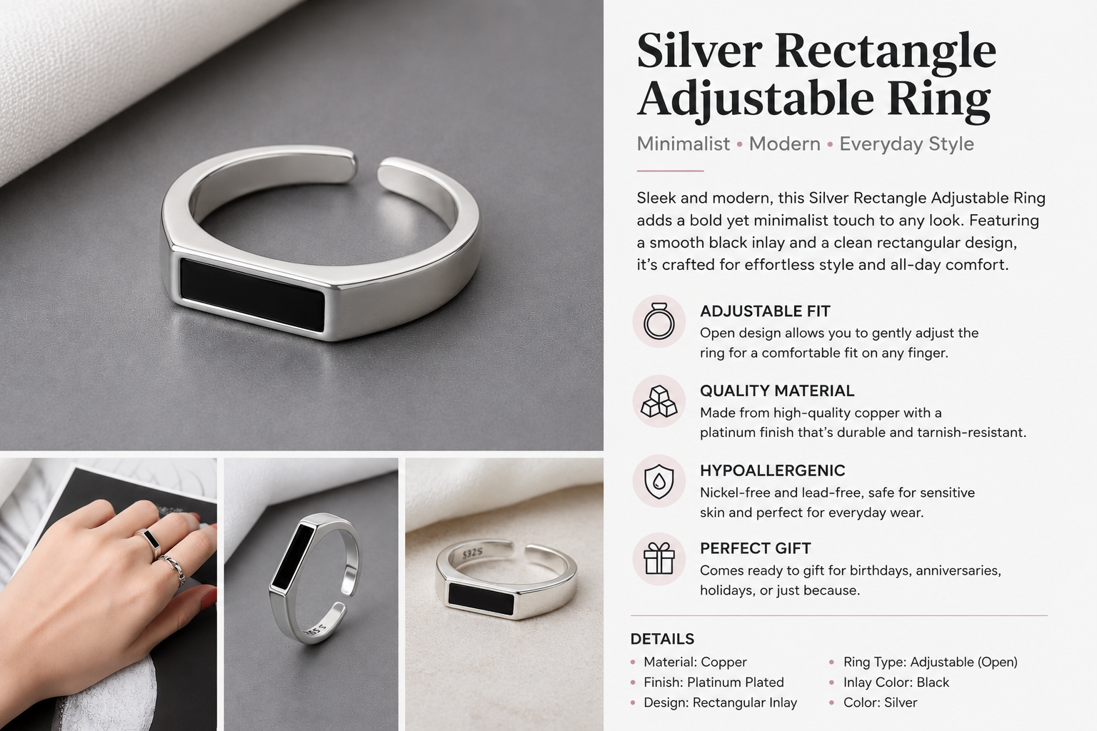 Minimalist Black Bar Adjustable Ring – Silver-Tone Finish